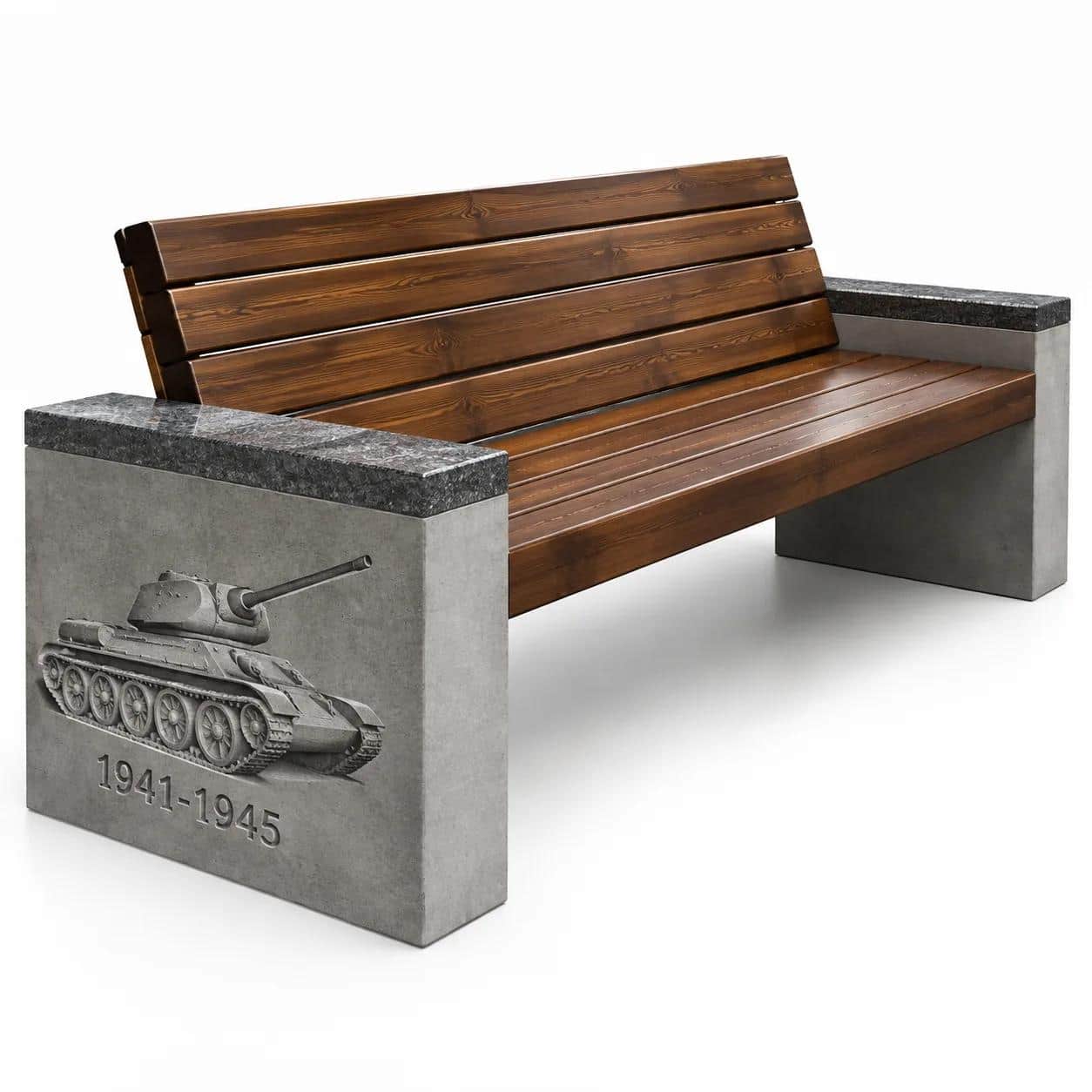 A robust outdoor bench featuring a slatted wooden seat and backrest, supported by thick concrete bas… — 3D model