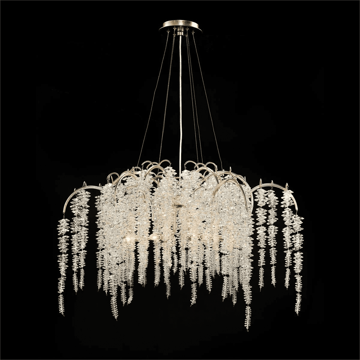 A chandelier designed to mimic cascading foliage, featuring a metallic frame from which numerous str… — free OBJ 3D model