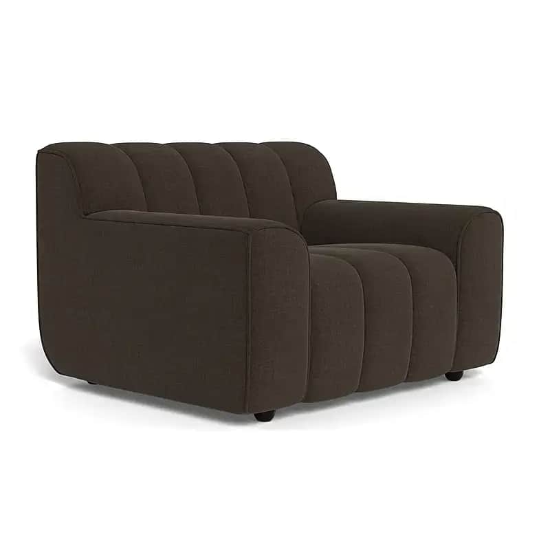 A single-seater armchair upholstered in dark brown fabric, featuring prominent vertical channel tuft… — free OBJ 3D model