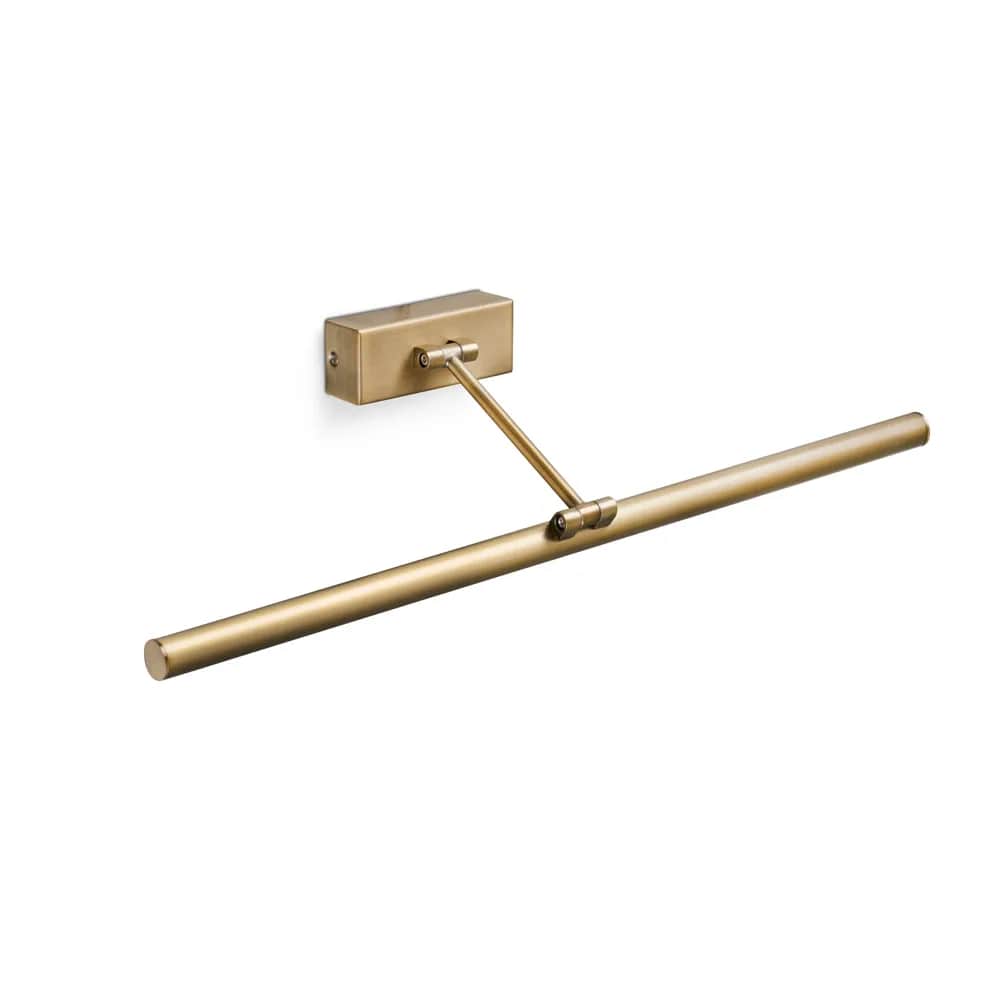 A close-up, isolated view of a modern wall-mounted picture light, featuring an aged brass finish. Th… — 3D model