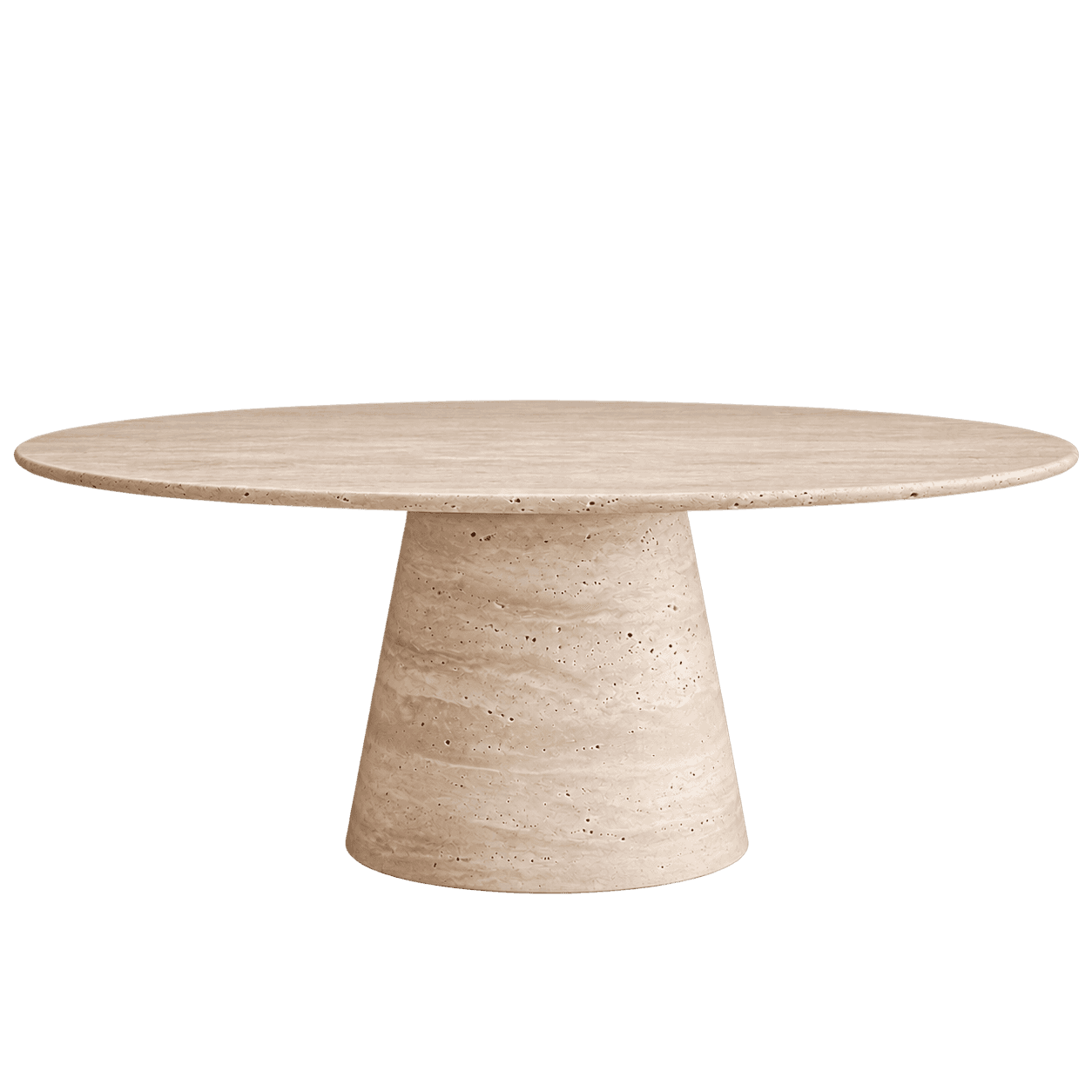 A round pedestal table crafted entirely from beige travertine stone, featuring a thick circular tabl… — 3D model