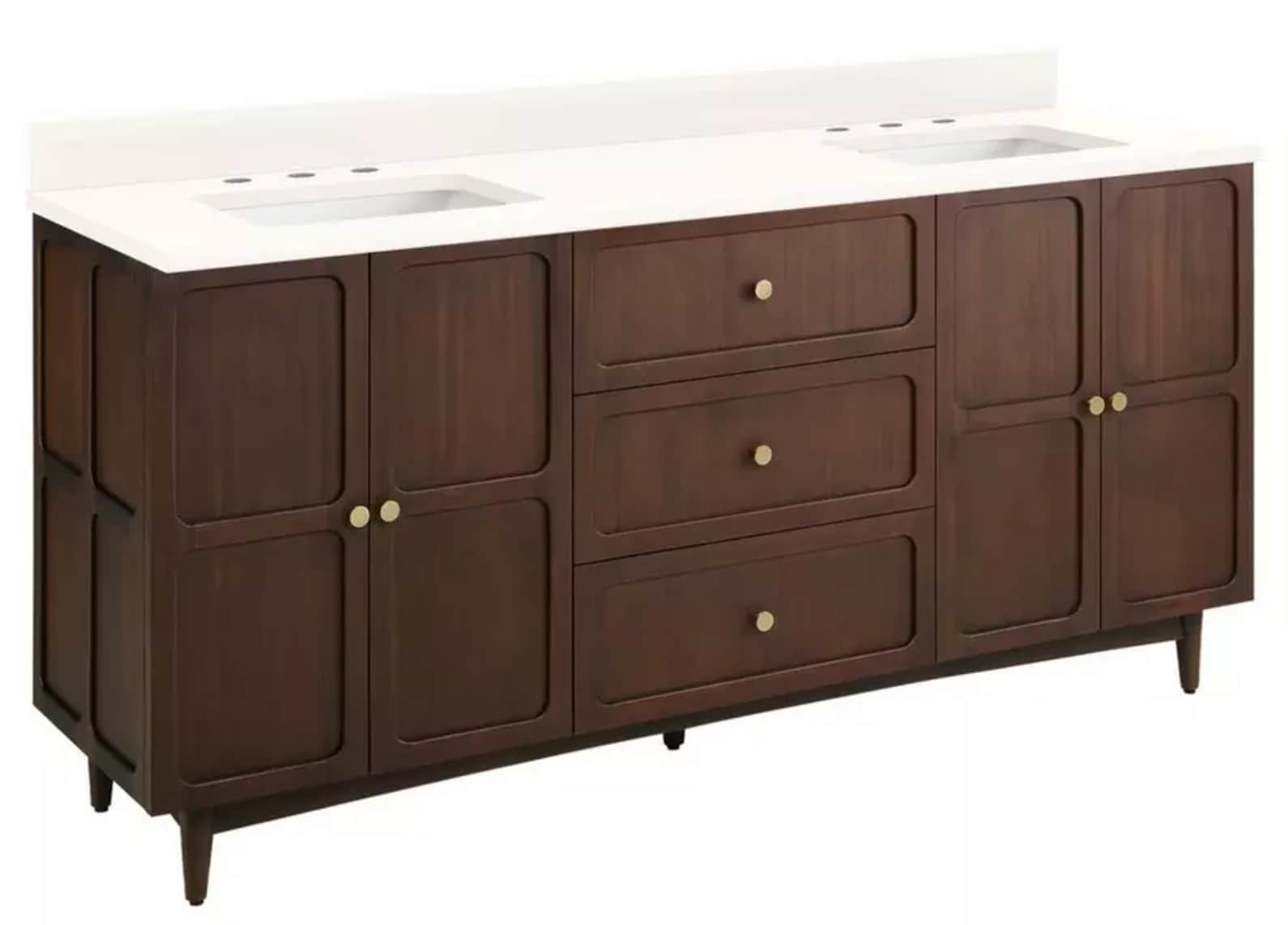 A double vanity unit with a white countertop featuring two integrated sinks and faucets. The base un… — 3D model