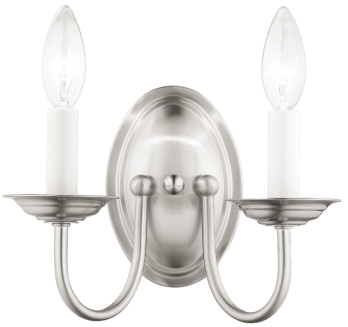 A two-light wall sconce in a brushed nickel finish, featuring an oval backplate and two U-shaped arm… — 3D model
