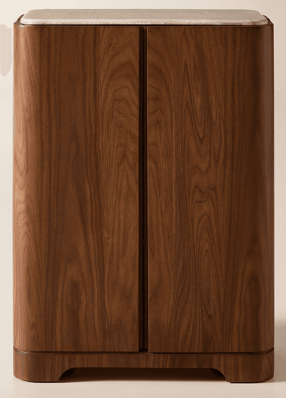 A tall, narrow storage cabinet featuring a rich dark wood finish, likely walnut, with elegantly roun… — 3D model