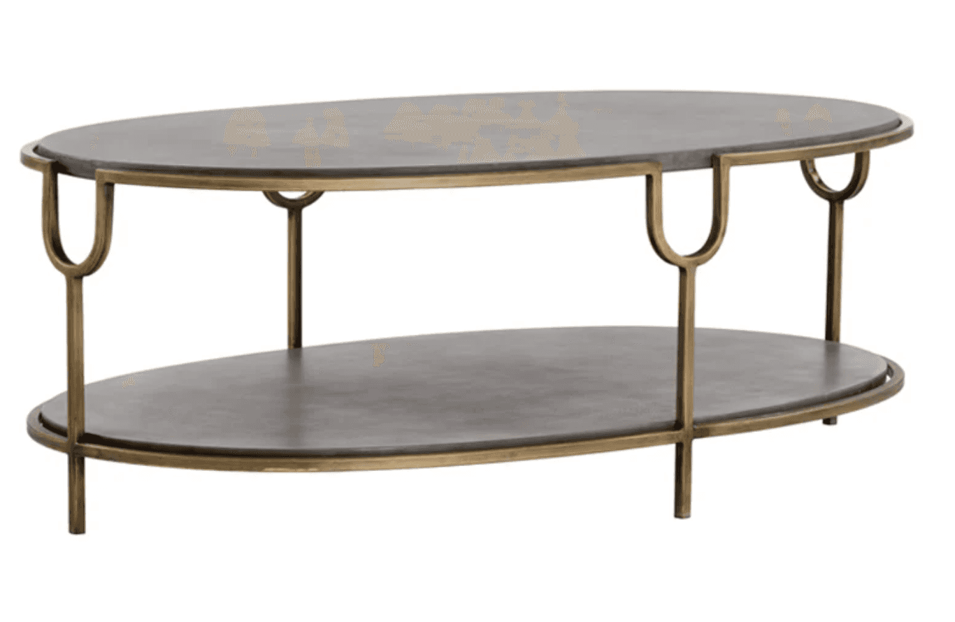 A two-tiered coffee table with an oval shape. The table features dark-colored, presumably stone or c… — 3D model