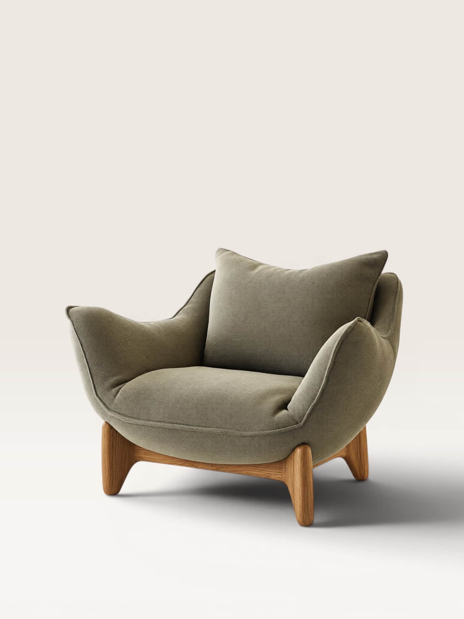 A contemporary lounge chair featuring deep, plush upholstery in a sage green fabric, supported by a… — 3D model