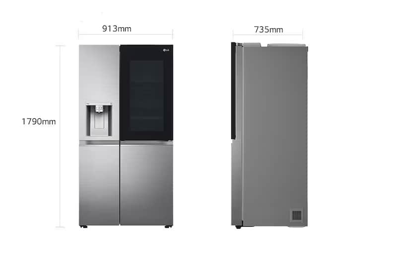 A modern LG Instaview side-by-side refrigerator is presented, illustrating its front and side profil… — 3D model
