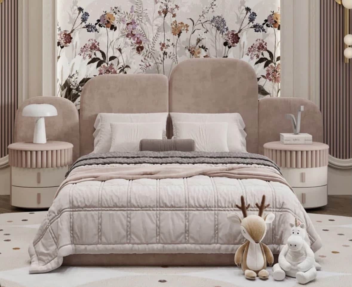 A contemporary upholstered platform bed featuring a distinctive scalloped headboard composed of mult… — 3D model