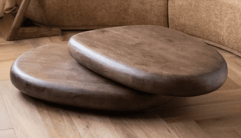 A pair of stacking coffee tables with organically shaped, rounded tops and a dark wood finish. The t… — free BLEND 3D model