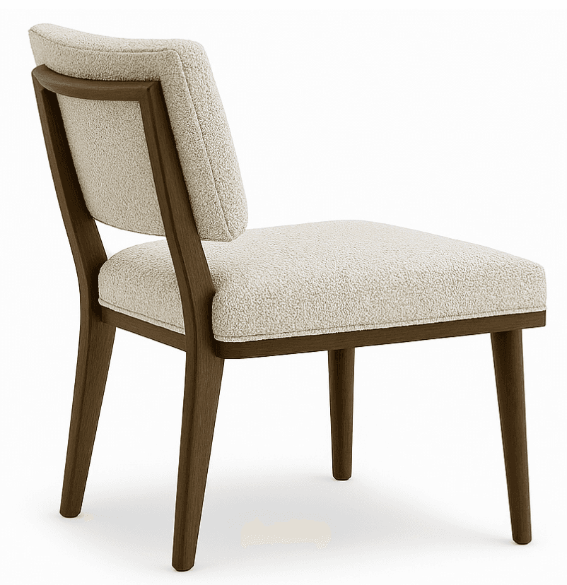 A modern dining chair featuring an upholstered seat and backrest set within an exposed wooden frame.… — 3D model