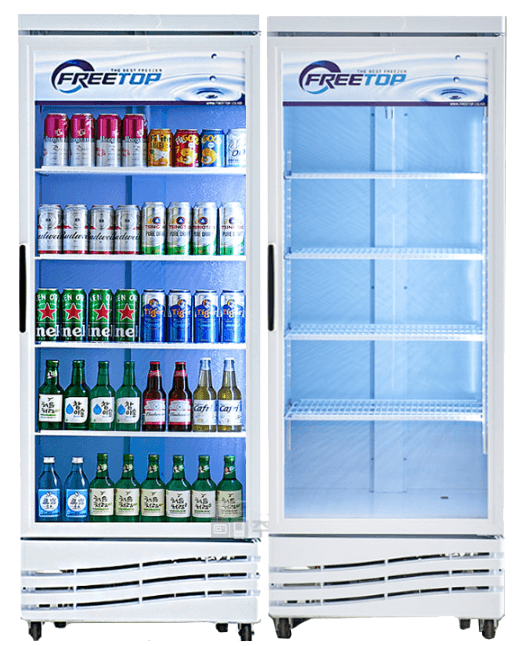 A commercial display refrigerator with glass doors and internal shelving, designed for showcasing be… — free OBJ 3D model