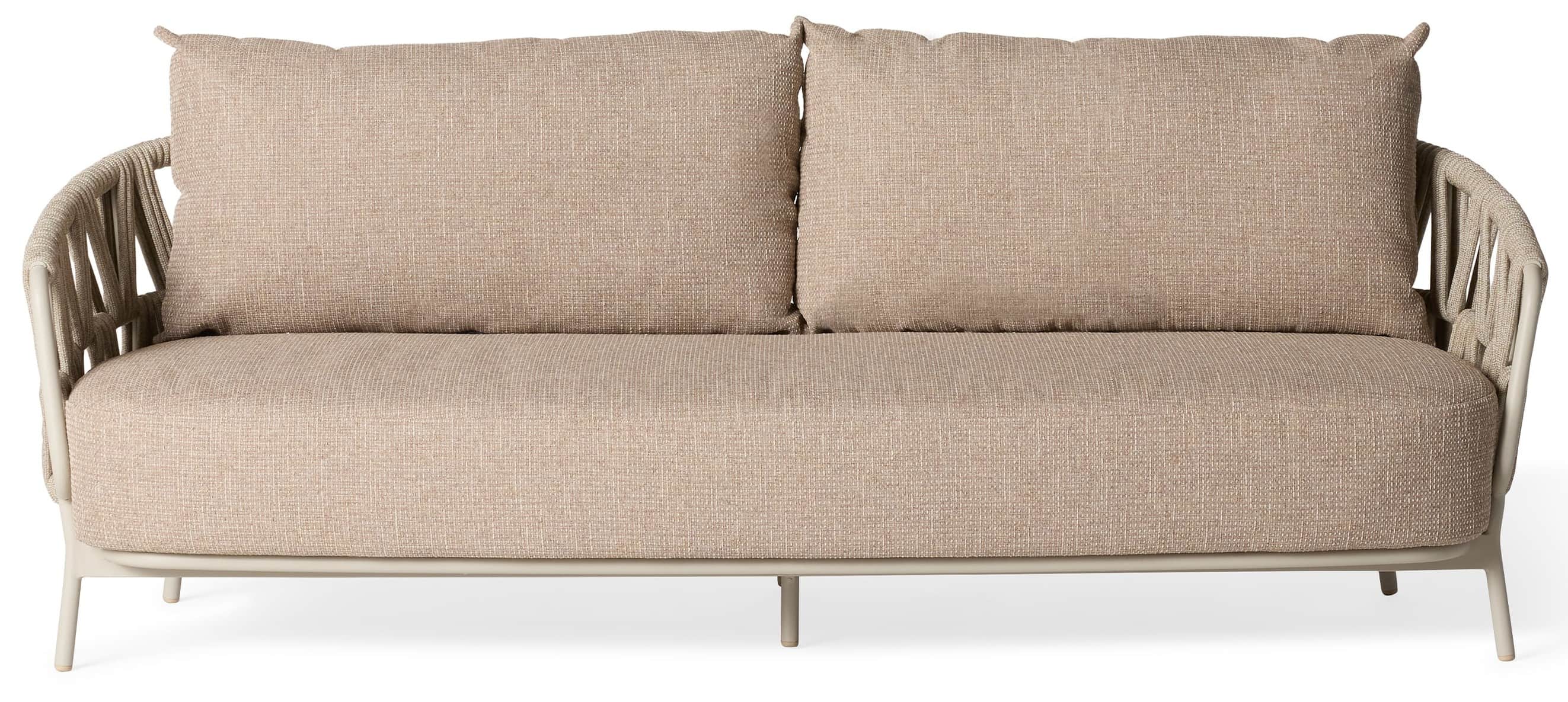 A two-seater sofa with a modern design, featuring a light beige fabric upholstery on the seat and ba… — free GLTF 3D model