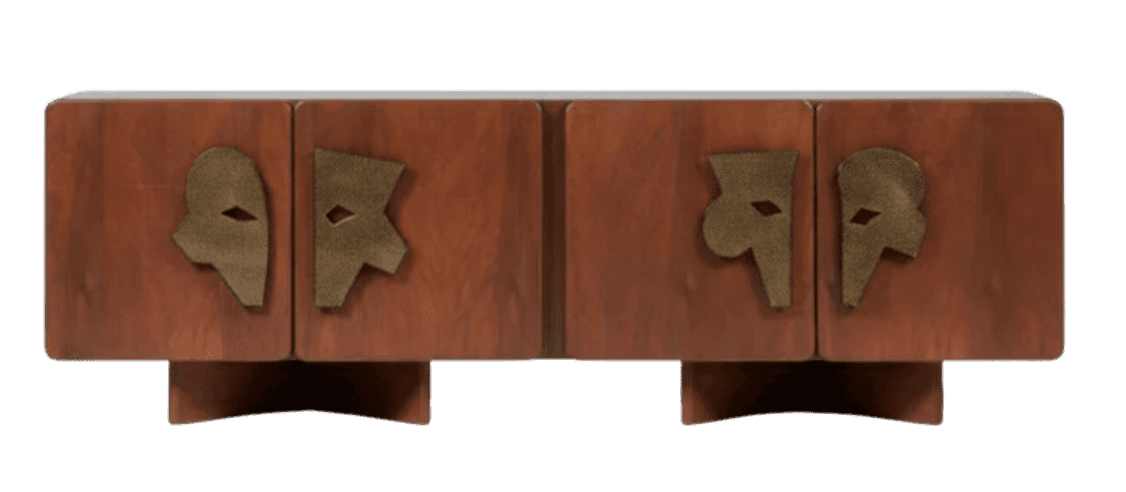 A low, rectangular cabinet with four doors. The cabinet is constructed from wood with a warm, reddis… — free OBJ 3D model