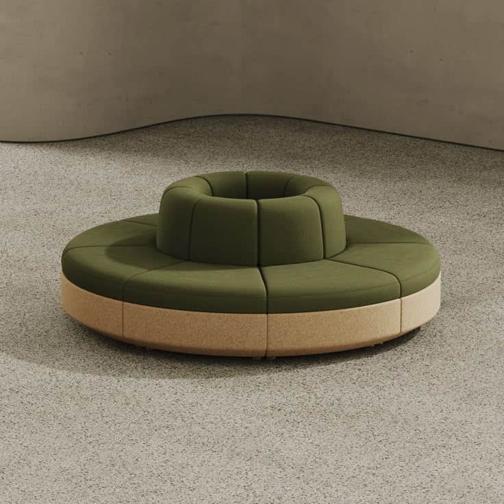 A circular modular seating unit featuring olive green textile upholstery for the cushions and a ligh… — 3D model