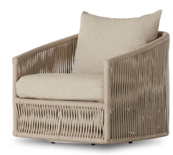 A contemporary armchair featuring a distinctive woven exterior crafted from a light beige synthetic… — free OBJ 3D model