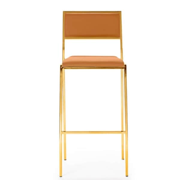 A modern bar stool with a gold metal frame and tan upholstered seat and backrest. The frame consists… — 3D model