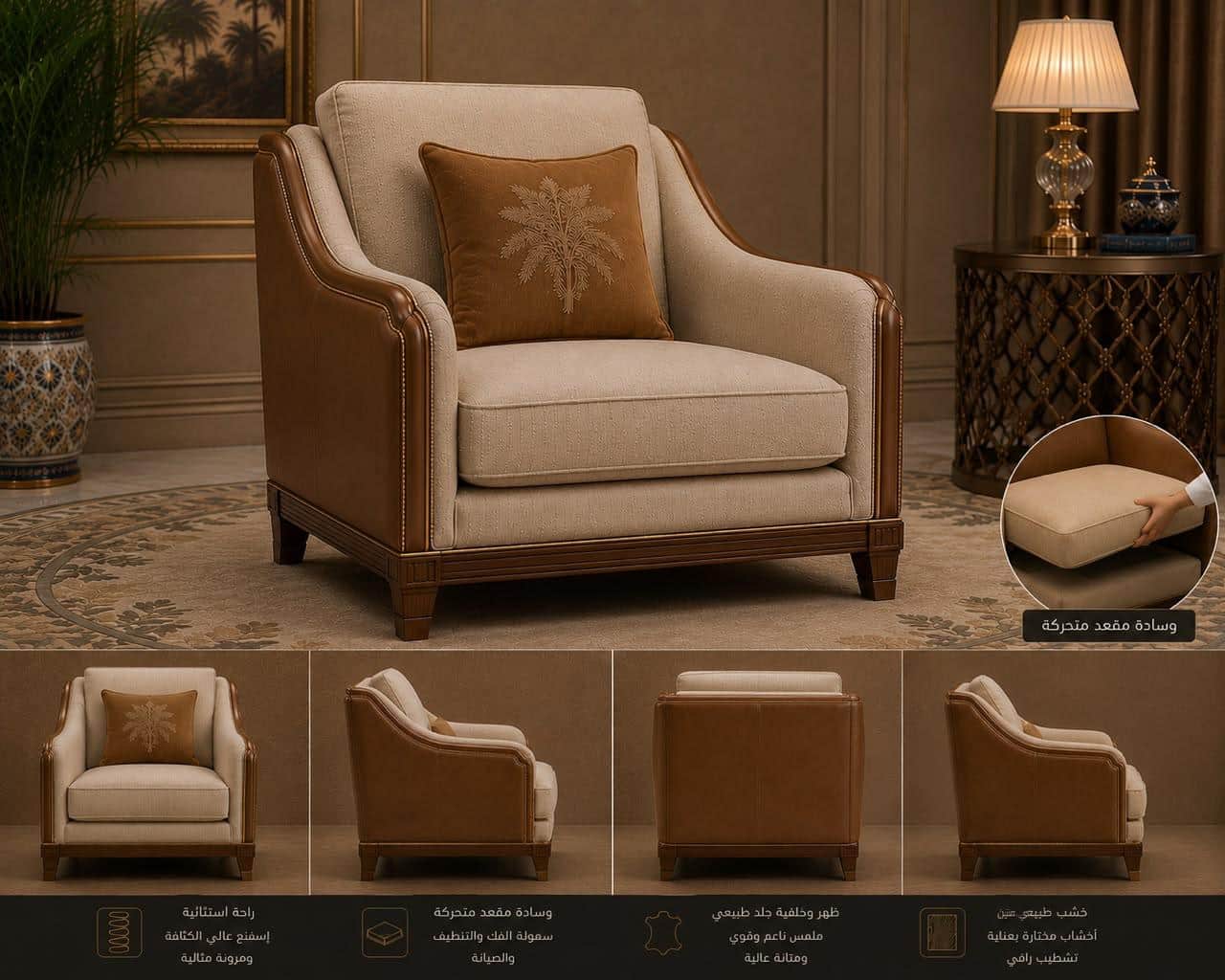 A sophisticated armchair featuring a dual-material upholstery design. The main body and seat cushion… — 3D model