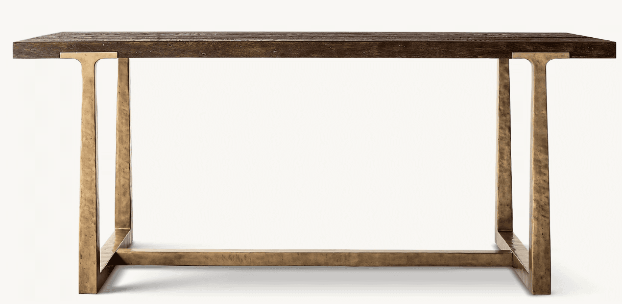 A console table featuring a dark stained wooden top with a pronounced grain texture and a rough-hewn… — free BLEND 3D model