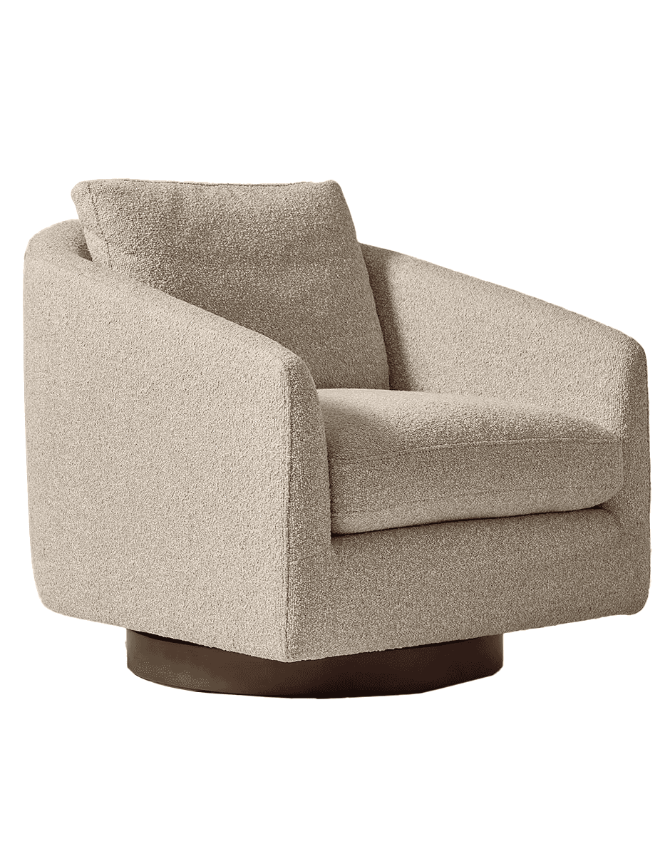 A cream-colored bouclé armchair with a swivel base. The armchair features a plush seat cushion, a ba… — 3D model