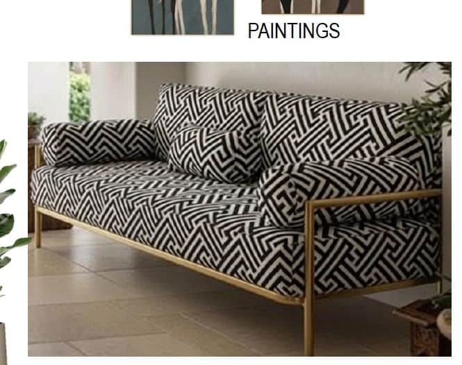 A modern daybed featuring a slim, polished gold-tone metal frame and plush cushions upholstered in a… — 3D model