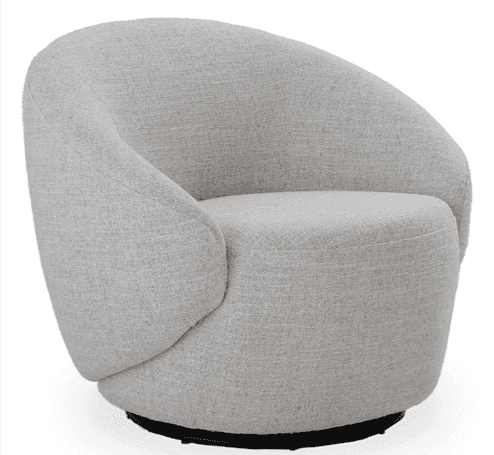 A light grey upholstered swivel armchair featuring a continuous, rounded backrest and integrated arm… — 3D model