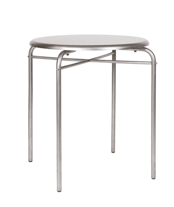 A small, round side table with a brushed metal finish, featuring a circular top and four tubular leg… — 3D model