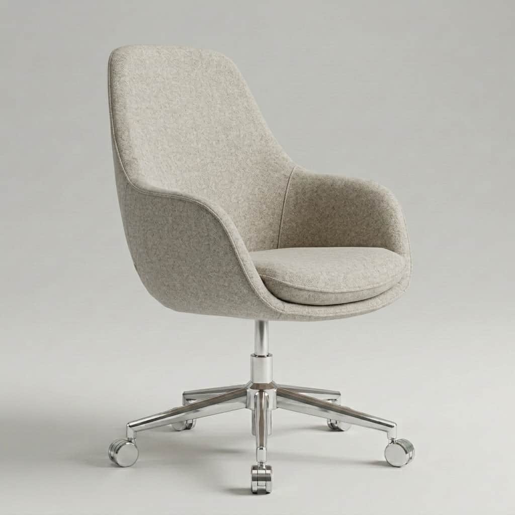 A modern desk chair featuring a fully upholstered shell in a light greige fabric, with integrated ar… — free GLB 3D model
