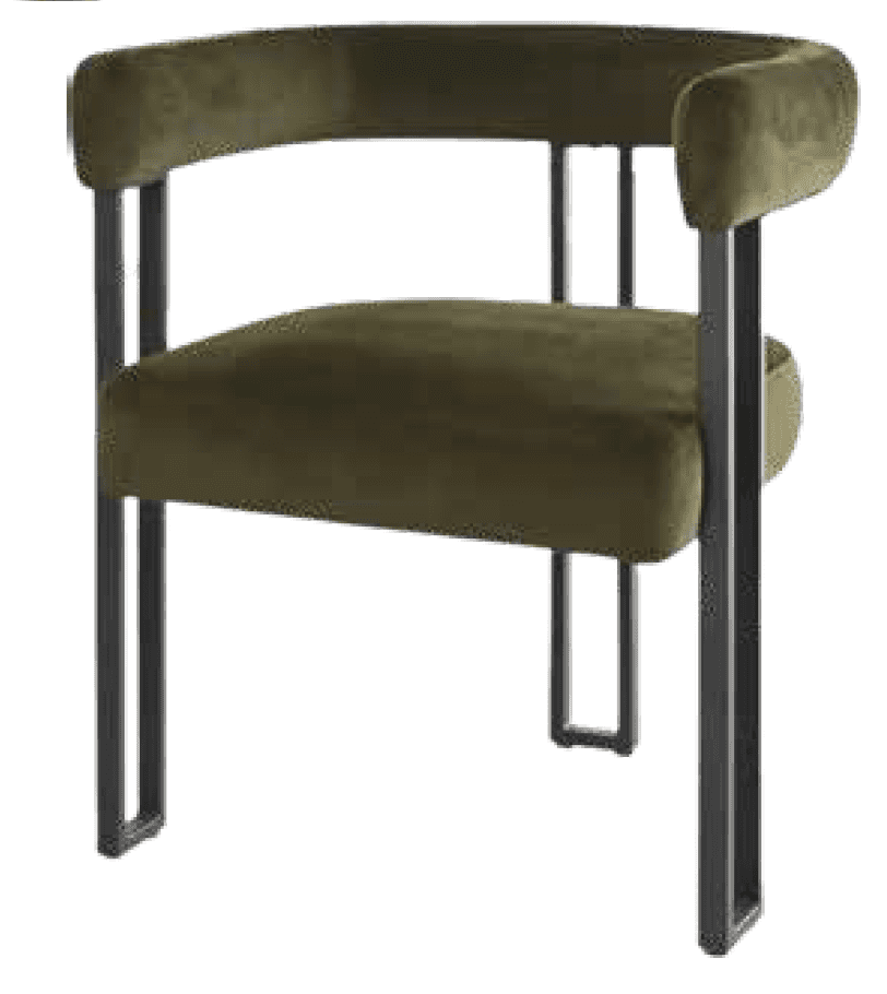A contemporary armchair featuring olive green velvet upholstery and a black metal frame. The chair h… — free OBJ 3D model