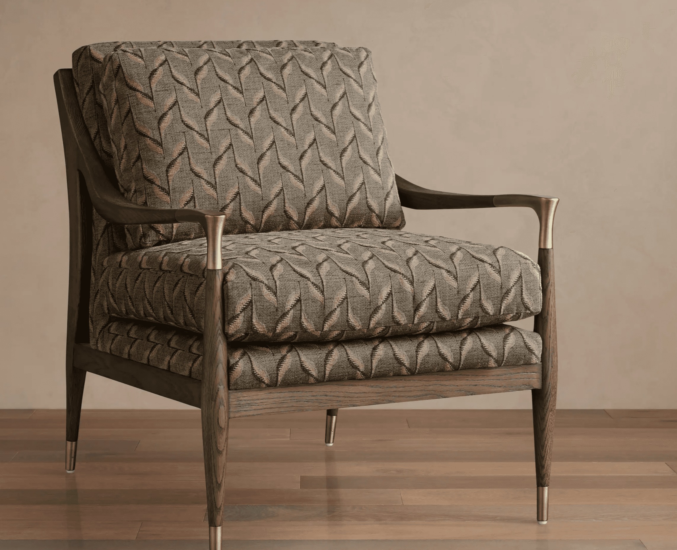 A sophisticated lounge chair featuring an exposed dark-stained wooden frame with a distinct geometri… — 3D model