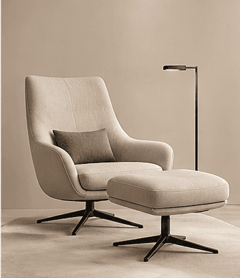 A modern lounge chair and matching ottoman featuring a light beige fabric upholstery and a black fou… — free FBX 3D model