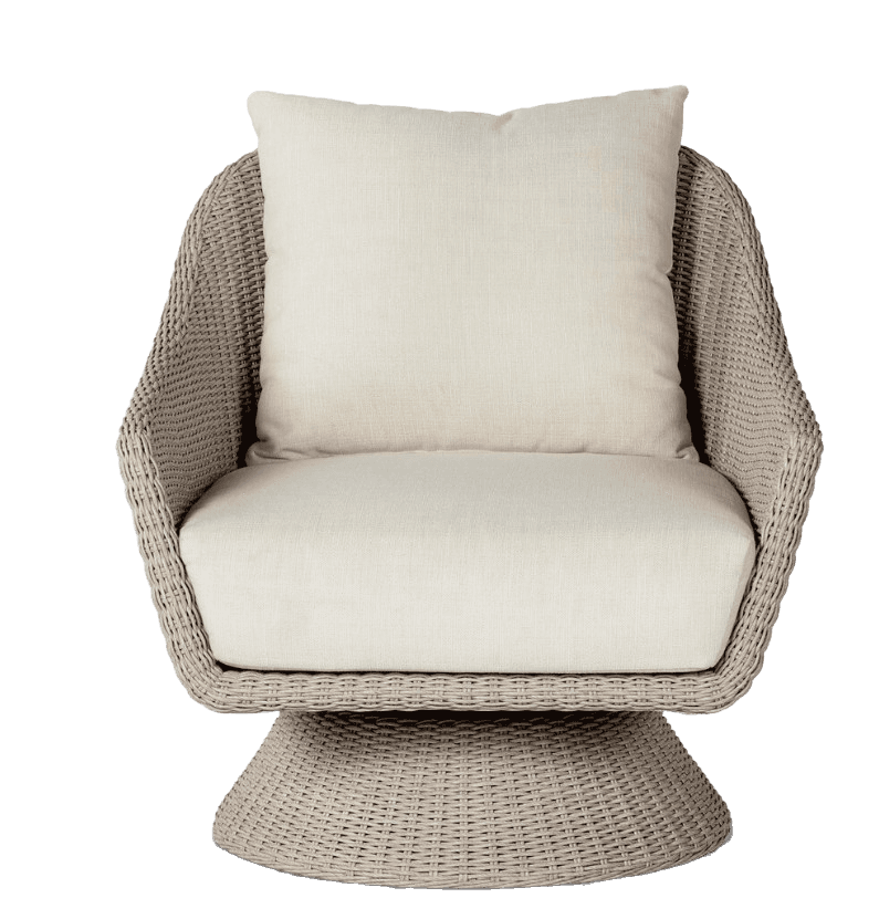 A swivel armchair with a rounded, enveloping backrest and arms. The base is a wide, tapered pedestal… — 3D model