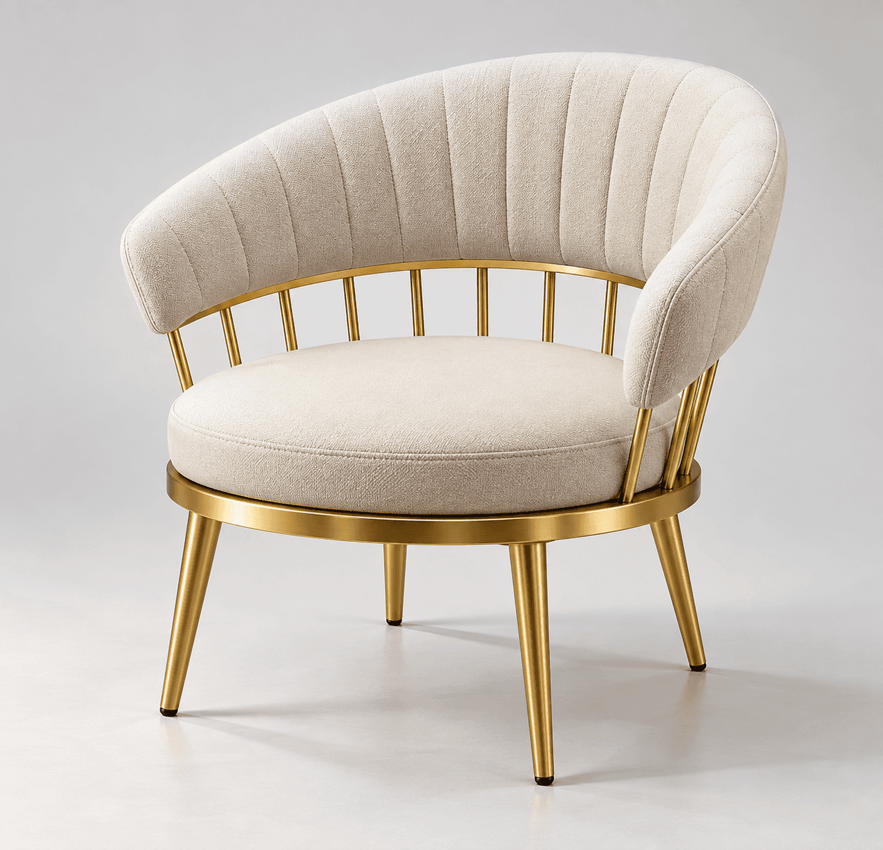 An elegant armchair featuring a rounded, barrel-shaped backrest with integrated arms, upholstered in… — free GLTF 3D model