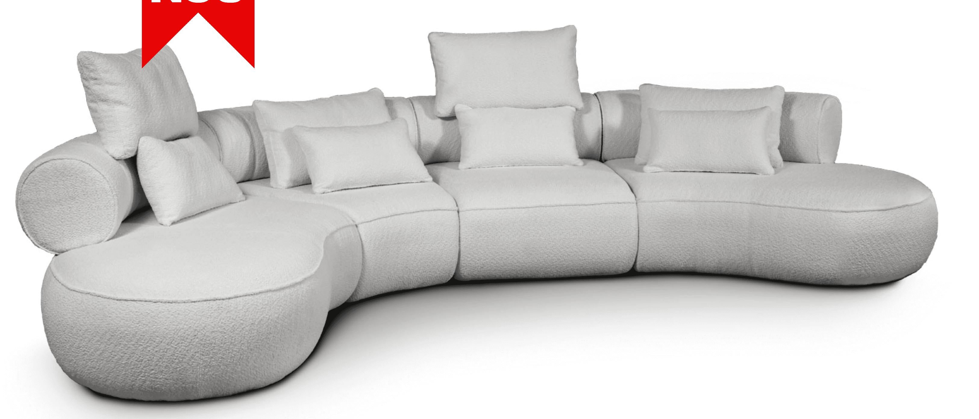A modular, sectional sofa with a curved silhouette, upholstered in a textured white fabric. It featu… — 3D model