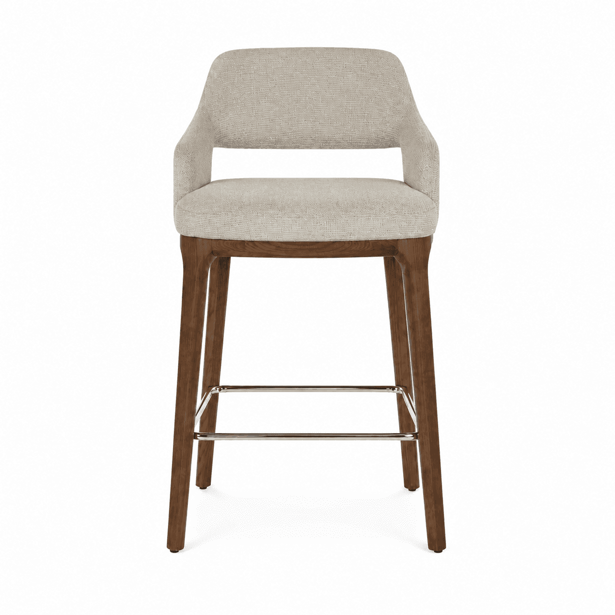 A modern bar stool with a upholstered seat and backrest, supported by wooden legs and a metal footre… — 3D model
