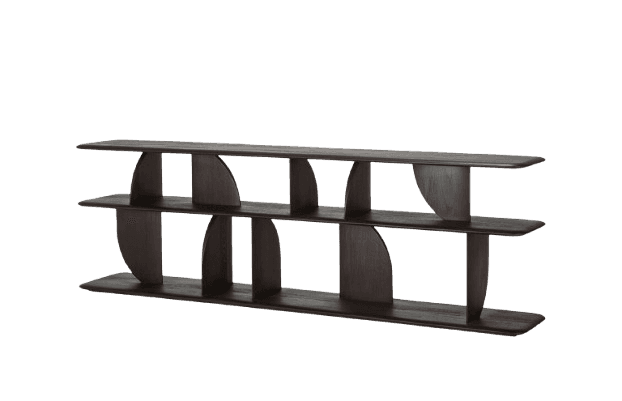 A low, wide shelving unit crafted from dark wood, featuring three horizontal tiers. The shelves are… — 3D model