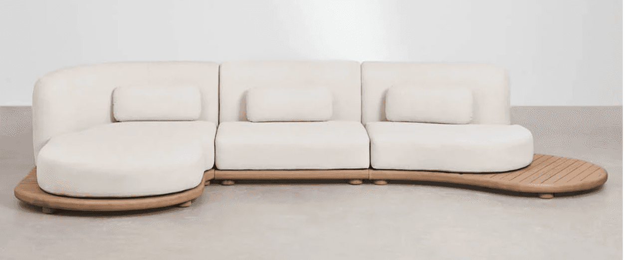 A modular sectional sofa with a curved chaise lounge section and a detached wooden table extension.… — free GLTF 3D model