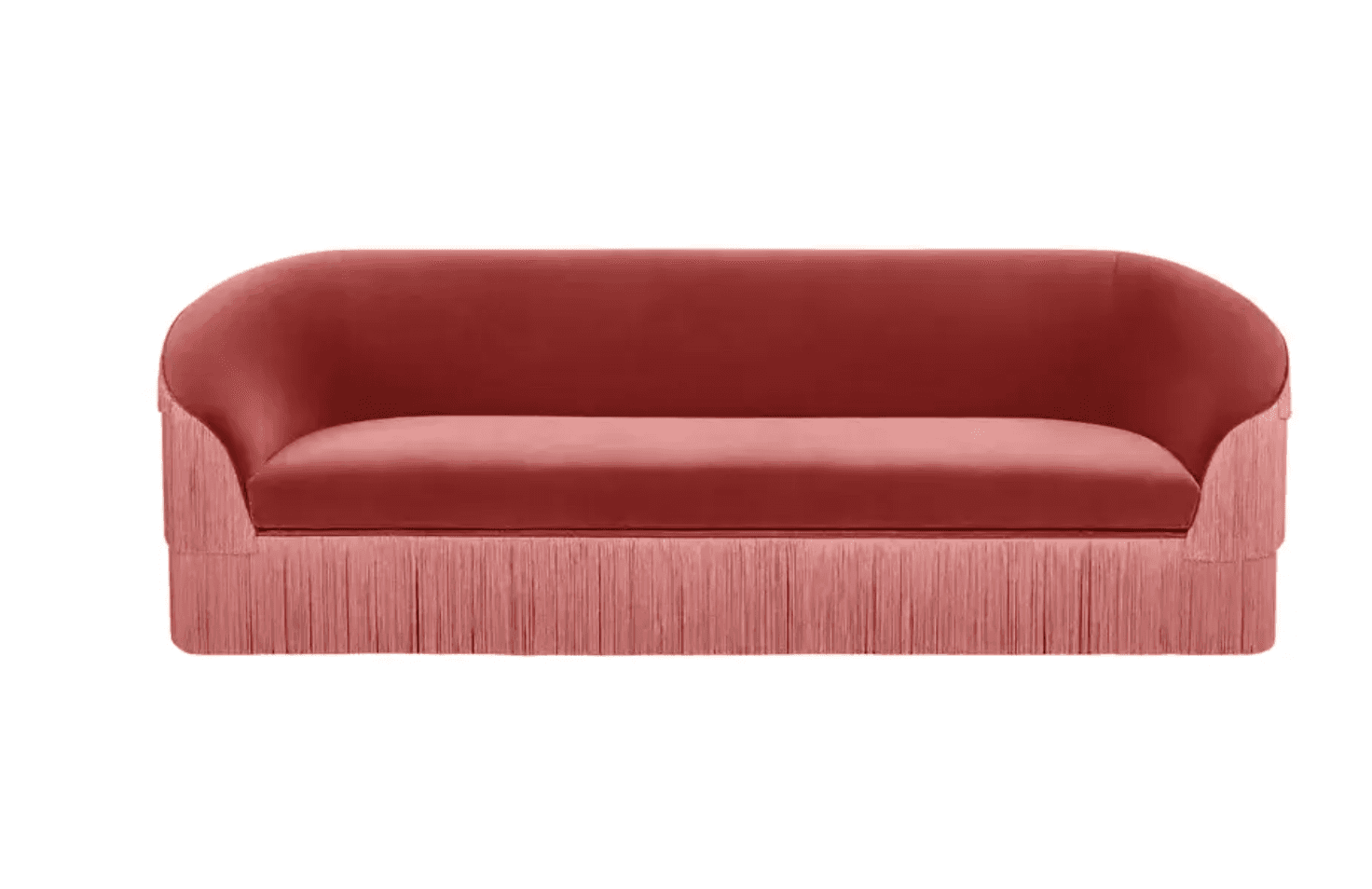 A contemporary sofa with a rounded back and armrests, upholstered in a rich, deep rose velvet fabric… — 3D model