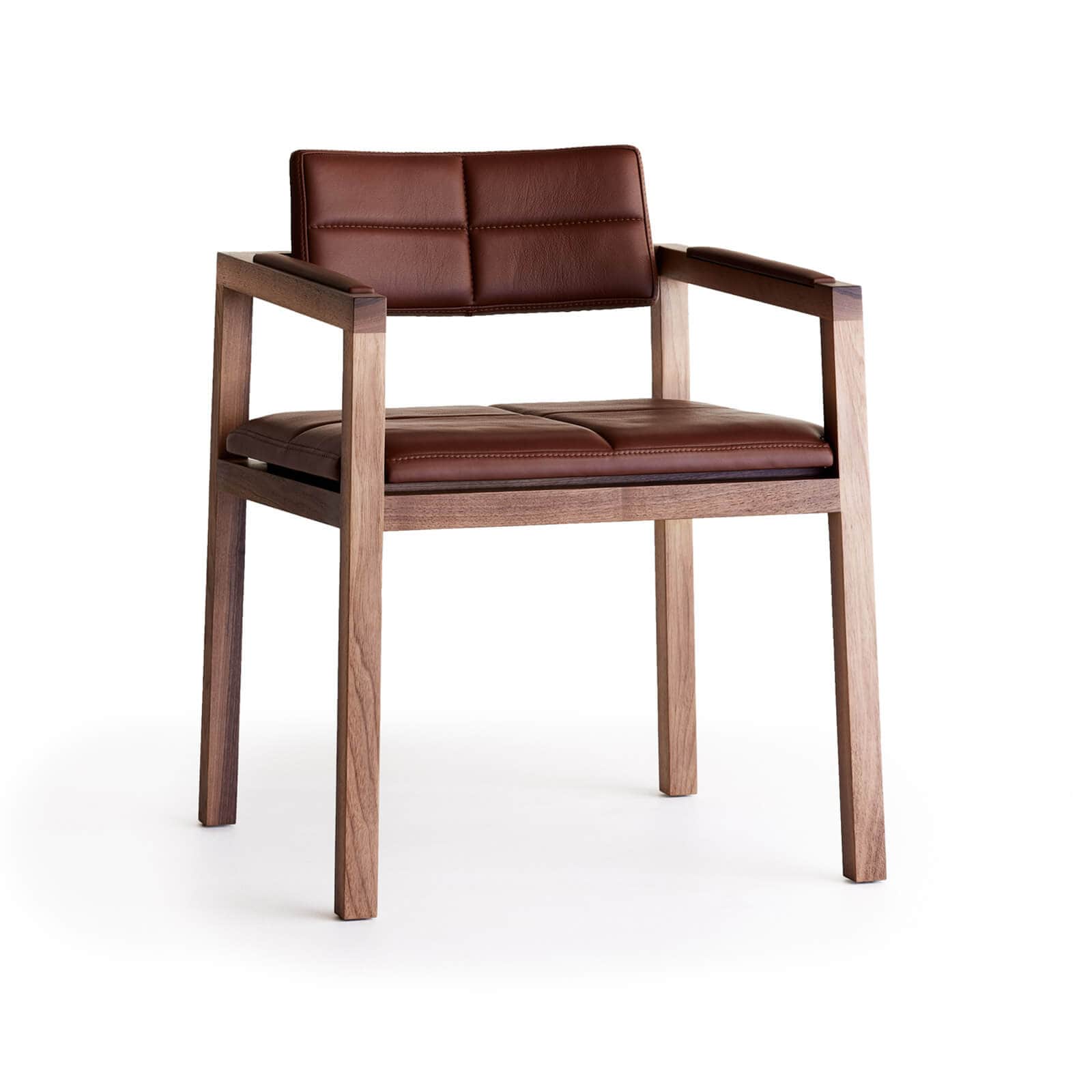 A modern dining armchair featuring a solid wood frame with a rectilinear design and rich brown leath… — 3D model