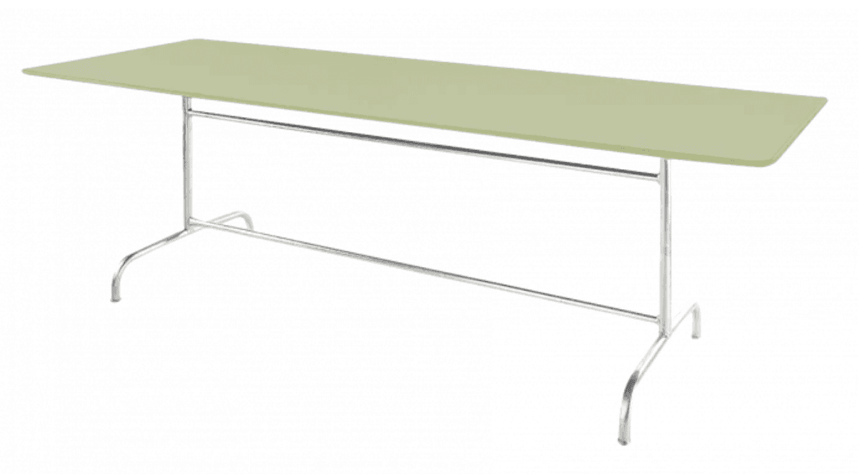 A rectangular dining table featuring a light green tabletop and a polished chrome-plated steel base… — free BLEND 3D model