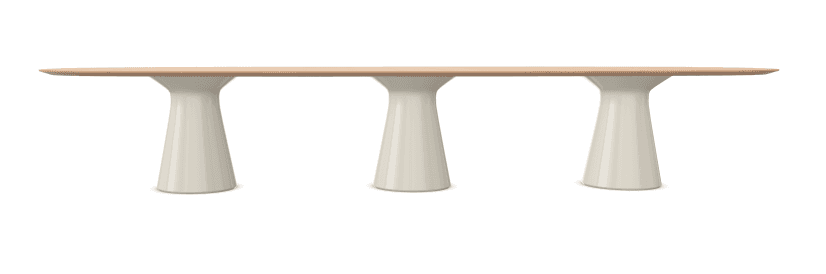 An elongated, light-colored oval table with a wood or wood veneer top, supported by three cream-colo… — 3D model