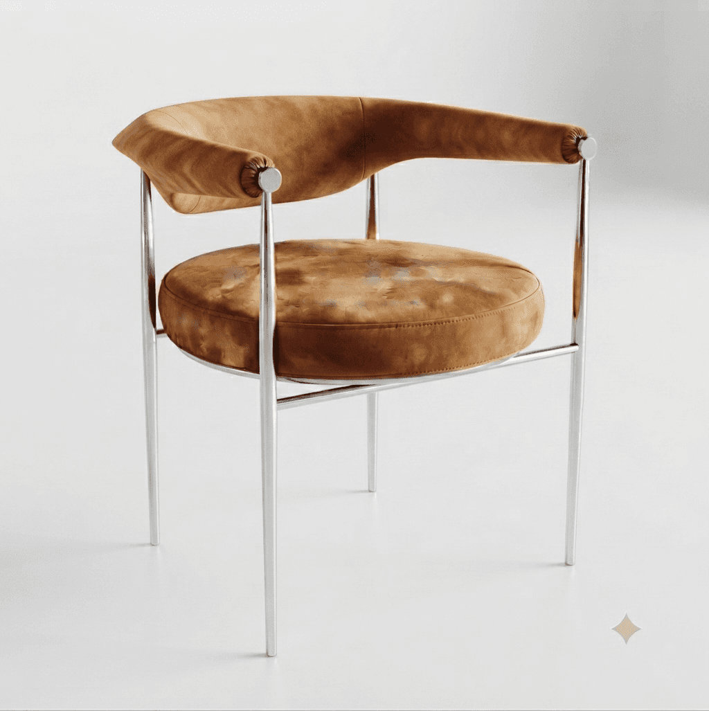 A contemporary armchair featuring a polished tubular chrome frame and distressed brown leather uphol… — free OBJ 3D model