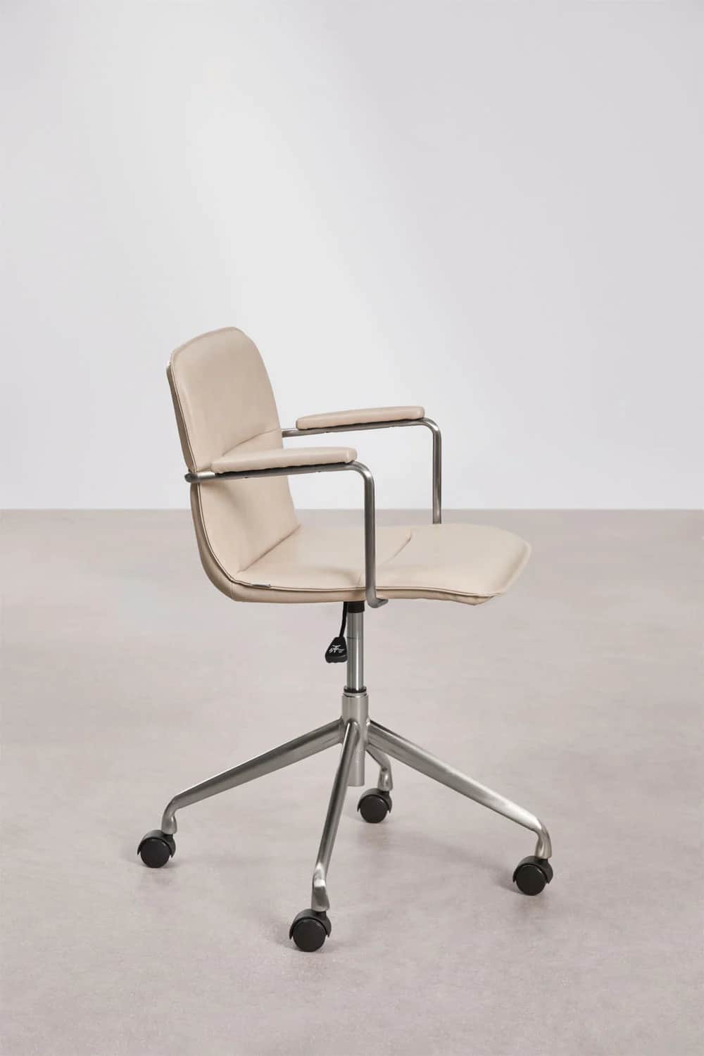A modern office chair with a light beige upholstered seat and backrest, supported by a polished meta… — 3D model