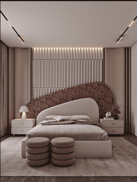 A modern platform bed featuring a rounded upholstered headboard, integrated into a large wall-mounte… — 3D model