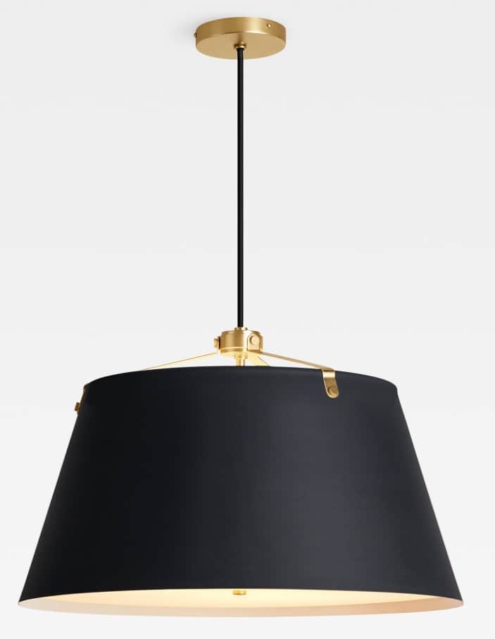 A pendant light fixture featuring a conical lampshade in a dark, matte finish suspended by a black c… — 3D model