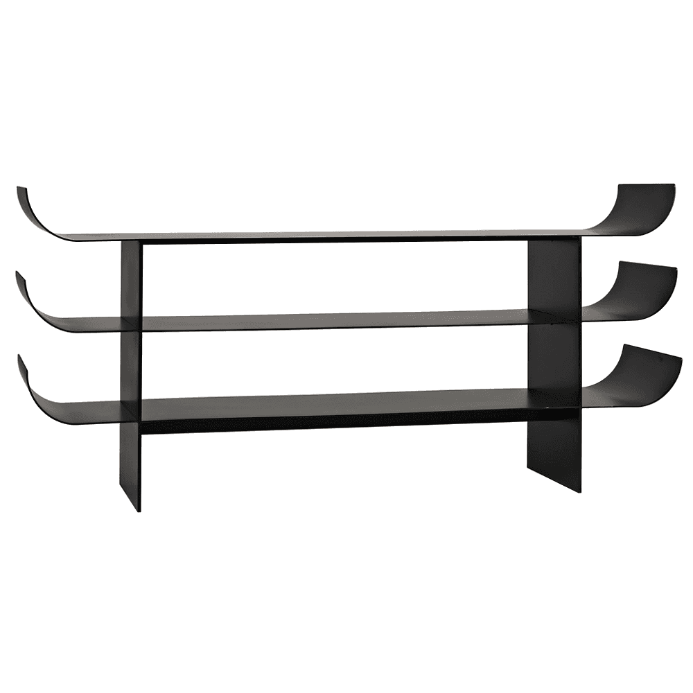 A three-tiered shelving unit with a minimalist design. The shelves are horizontal planes, and the su… — 3D model