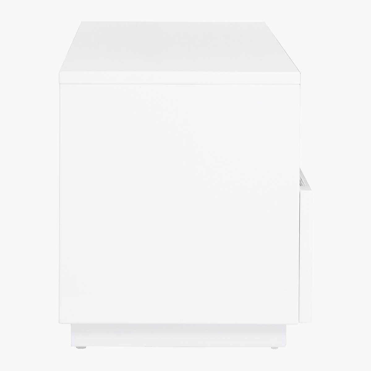 A modern, minimalist white nightstand featuring a clean, rectangular form and a recessed plinth base… — 3D model
