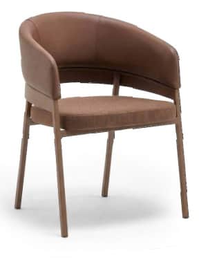 A contemporary chair featuring a slender, matte brown metal frame. The seat is upholstered in a text… — 3D model