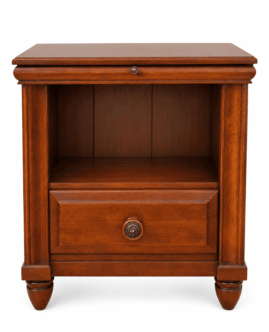 A wooden nightstand with a single drawer and an open shelf. The drawer features a decorative knob, a… — 3D model
