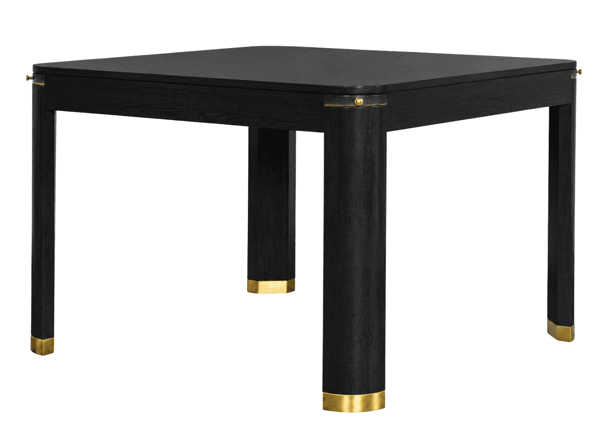 A square black oak table with brass accents and an expandable tabletop mechanism, featuring a mix of… — 3D model