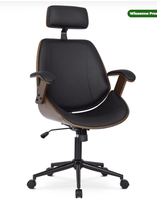 A modern office chair with a black leather seat and backrest, featuring a curved wooden shell, integ… — 3D model